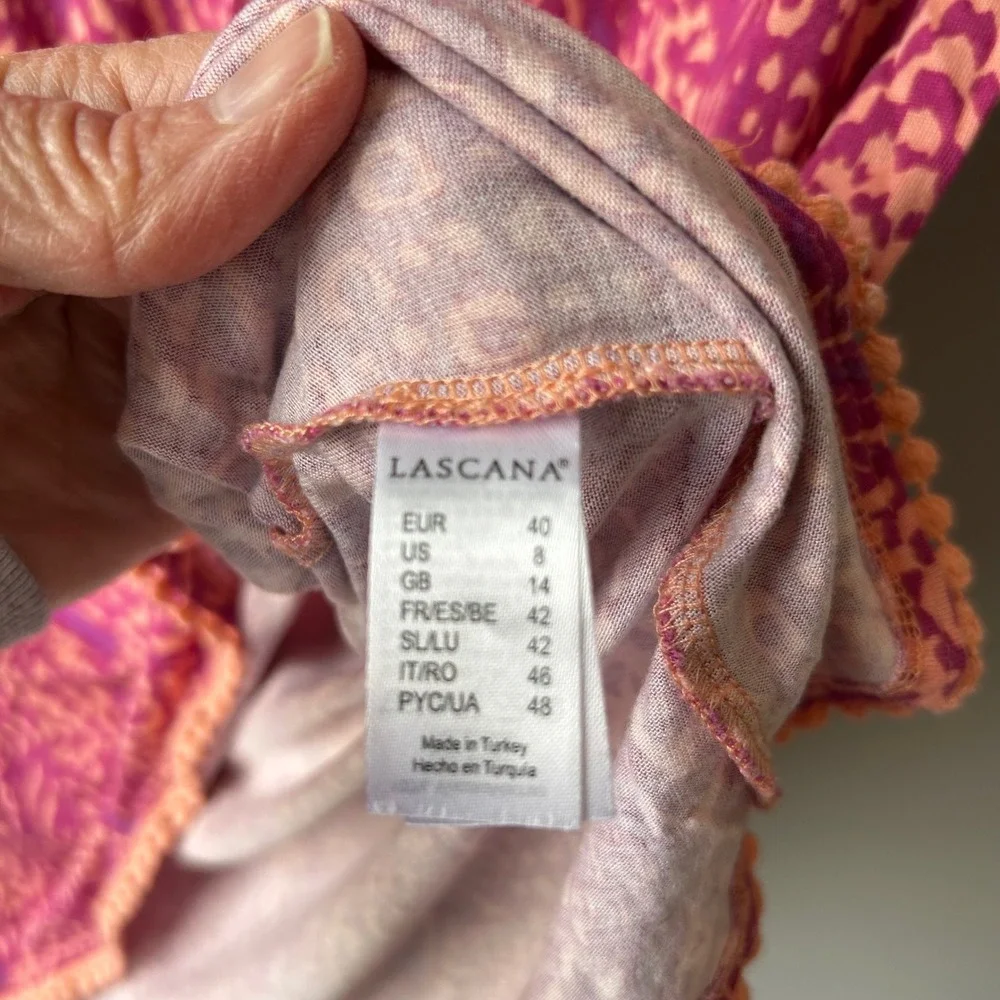 LASCANA Pink Orange Ikat Print Beach Cover Up‎ Dress Tunic Keyhole Tie Waist